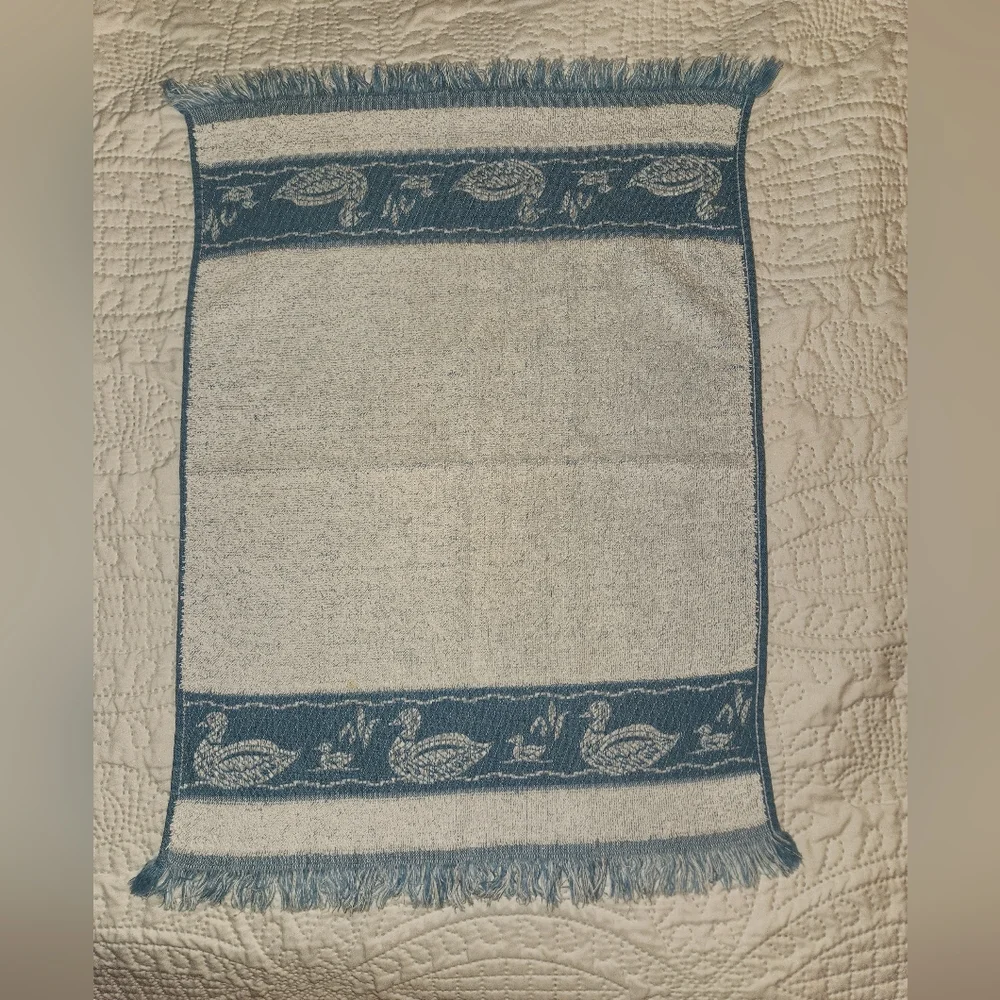 Vintage White & Blue Duck Hand Towel Fringed ends by Cannon